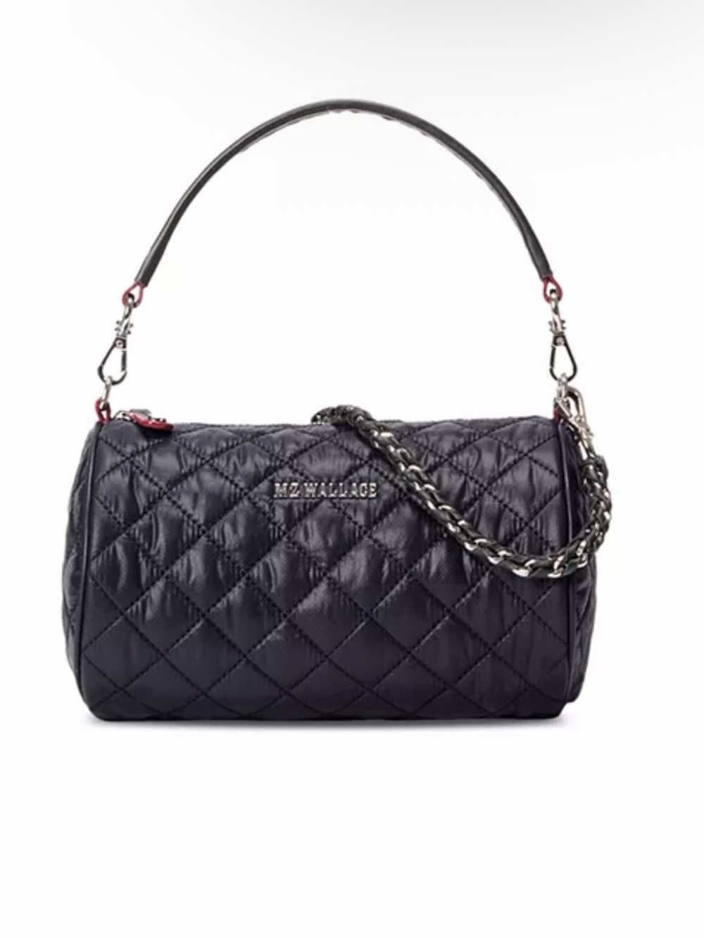 MZ Wallace Black Quilted Nylon Barrel Shoulder Bag with Chain Strap